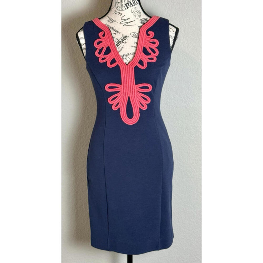 Lilly Pulitzer Navy Blue & Coral Pink Janice Shift Midi Dress Womens SZ XS